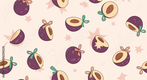 A whimsical seamless pattern of purple plums, whole and sliced, adorned with charming ribbons on a light pink background with subtle star shapes.