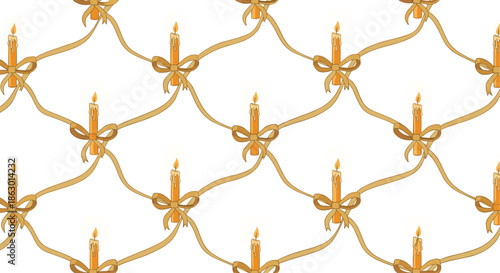Festive seamless pattern showcasing classic lit candles with golden bows and flowing ribbons, perfect for holiday and elegant themes.