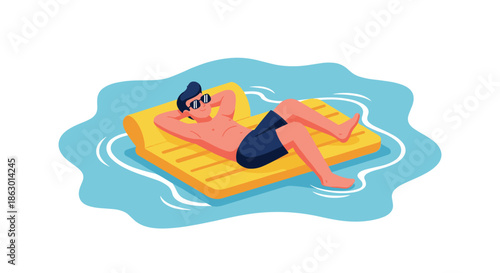 A man in sunglasses relaxes on a yellow inflatable raft, floating peacefully in clear blue water during a summer vacation.