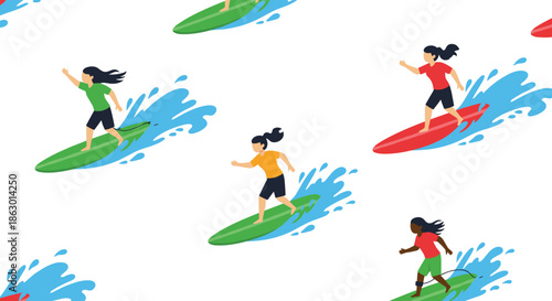 Seamless pattern of diverse women surfing on colorful surfboards with water splashes, illustrating summer beach sports and joyful recreation.