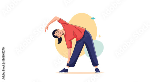 A woman with glasses and a ponytail performs a side bend stretch, illustrating a healthy lifestyle and physical activity.