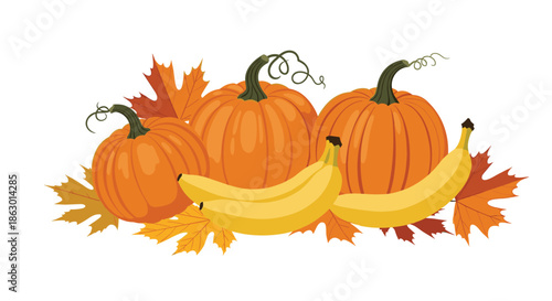 Vibrant autumn illustration featuring a festive arrangement of three orange pumpkins, ripe yellow bananas, and colorful fall leaves on white.