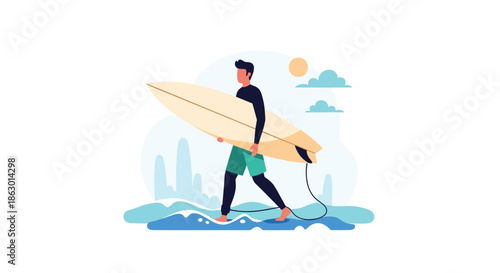 A young man walks with his surfboard in the water under a sunny sky, illustrating an active and healthy lifestyle.