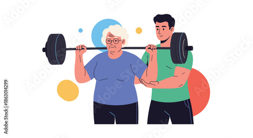 A determined elderly woman performs a barbell squat under the watchful eye and support of her personal trainer.