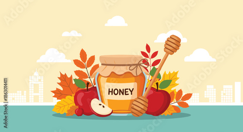 A sweet autumn illustration featuring a jar of golden honey, a dipper, red apples, and vibrant fall leaves with a city background.