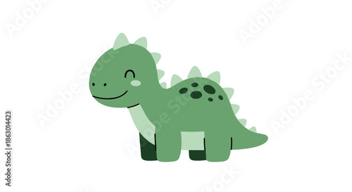 A cheerful and adorable green cartoon dinosaur with spiky plates and spots smiles happily against a clean white background.