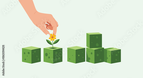 A hand carefully places a vibrant yellow flower onto a green block, symbolizing nurturing growth and building success through foundational steps.