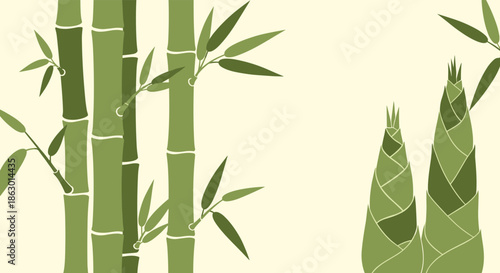 Vibrant green bamboo stalks and emerging bamboo shoots are beautifully illustrated against a light cream background, representing nature's fresh growth.