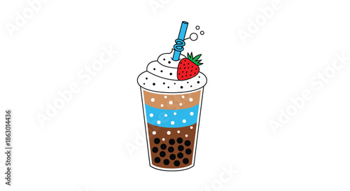 A colorful cartoon illustration of a layered bubble tea drink with tapioca pearls, whipped cream, a strawberry, and a blue straw.