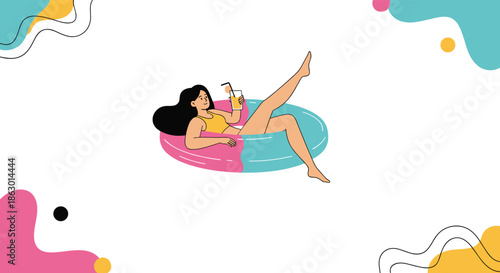 Happy woman on a pool float with a drink, enjoying a carefree summer day.