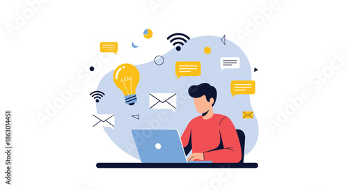 A professional person engaged in remote work on a laptop, surrounded by symbols of digital communication, creative ideas, and online connectivity.
