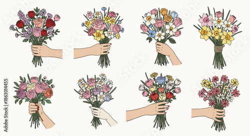 Assortment of diverse floral bouquets held by hands, showcasing a variety of bloom types and color combinations for different occasions.