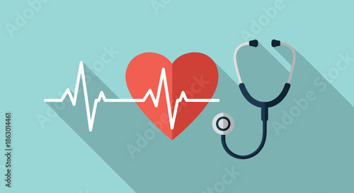 Medical illustration of a healthy heart with a continuous heartbeat rhythm line and a doctor's stethoscope, representing health and wellness.