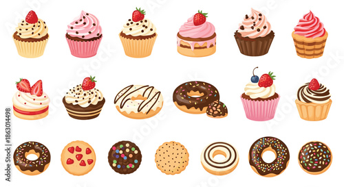 A colorful collection of various sweet pastries including frosted cupcakes, sprinkled donuts, and decorative cookies arranged on a white background.