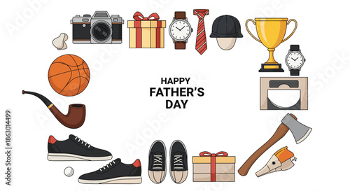 A charming Father's Day illustration featuring classic gifts and hobbies for men, such as a camera, watch, tie, sports gear, and hand tools.