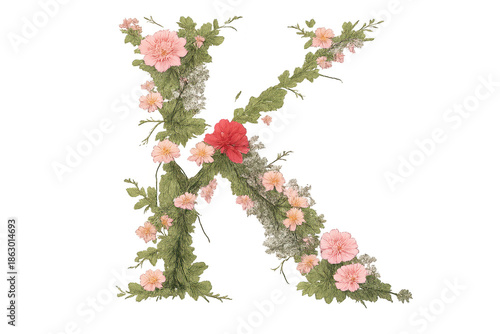 Floral letter K, beautiful flower arrangement on a transparent background