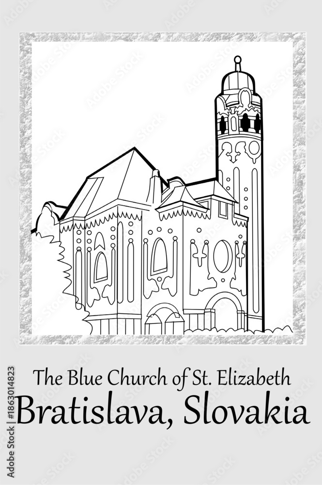 Naklejka premium CIMAHI, INDONESIA-January 02, 2026-The blue church of Saint Elizabeth Bratislava, Slovakia. Vector graphic design cartoon building illustration for poster, banner, travel card, and other.
