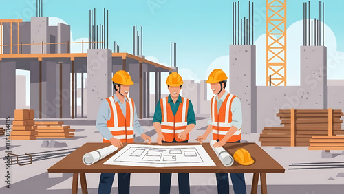 Skilled construction team reviews detailed blueprints on an active building site, demonstrating architectural planning, engineering collaboration, and project development visually