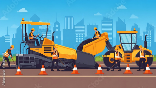 Construction workers operating heavy machinery for road paving and city infrastructure development