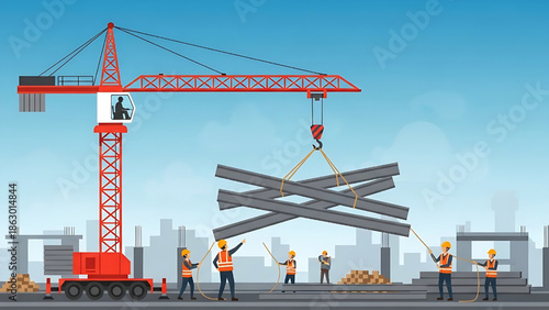 Construction site with crane lifting steel beams, workers wearing hard hats and safety vests, symbolizing industry and building progress