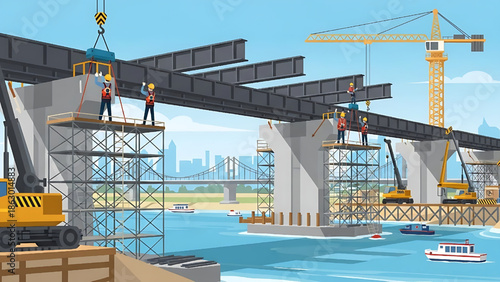 Construction of a large modern bridge over water with cranes and workers building infrastructure