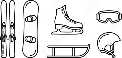Winter sports equipment icon set with skis snowboard ice skate sled helmet goggles, minimal line vector illustration isolated on white