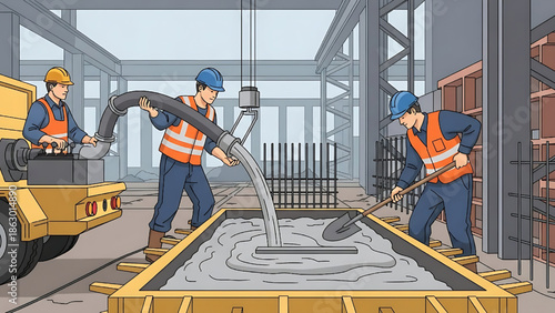 Construction workers pour concrete into a mold at an industrial facility