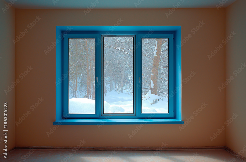 Fototapeta premium Snowy forest view through modern blue window in empty room