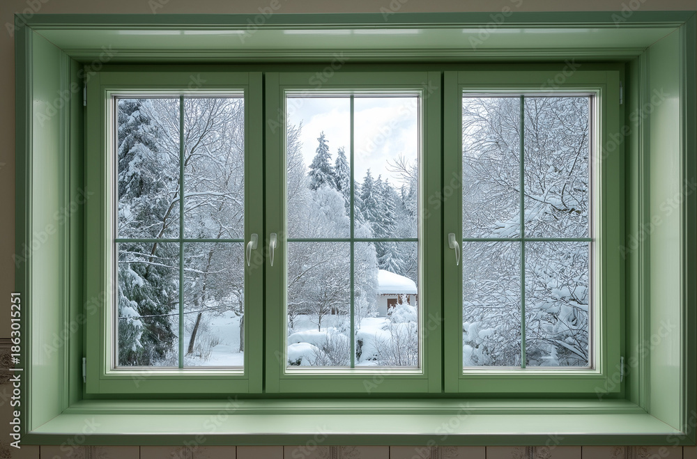 Obraz premium Snowy landscape viewed through green framed window