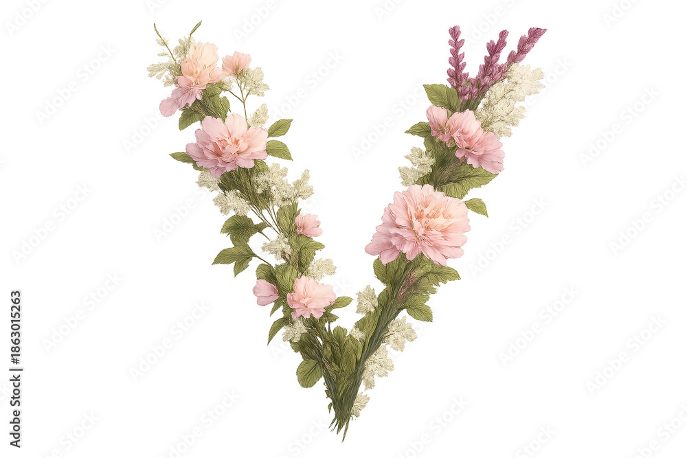 Obraz premium Floral Letter V design with transparent background for creative projects.
