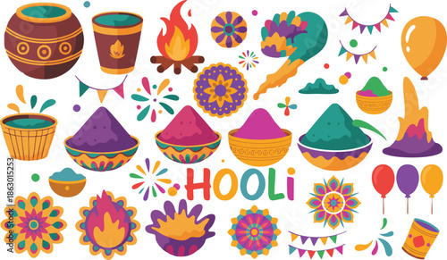 Happy holi celebration colorful icons or doodle set on white background. Banner, header,poster design etc.
