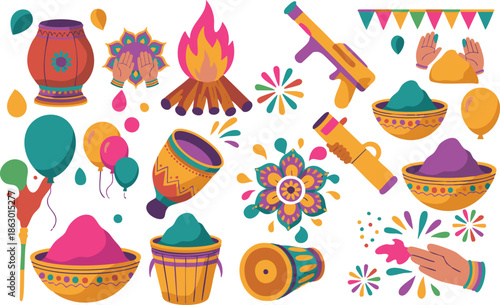 Happy holi celebration colorful icons or doodle set on white background. Banner, header,poster design etc.