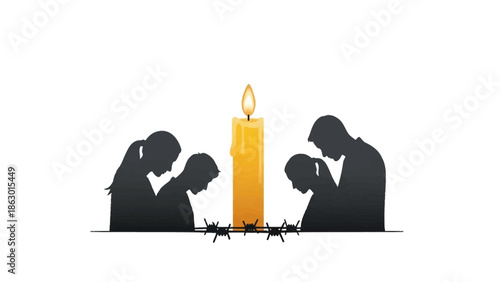 Silhouettes of people mourning with a burning candle and barbed wire, symbolizing remembrance and struggle.