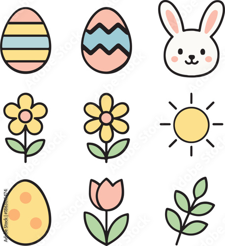 Cute Easter and Spring Icons Set with Eggs, Bunny, Flowers and Sun