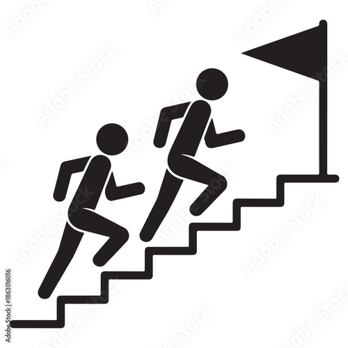 Two people running up stairs to a flag in minimalist black silhouette with dynamic motion for business success