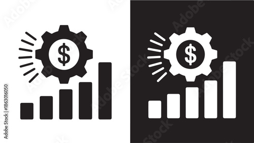 Dollar sign in gear icon with bar graph in black and white design for financial analysis