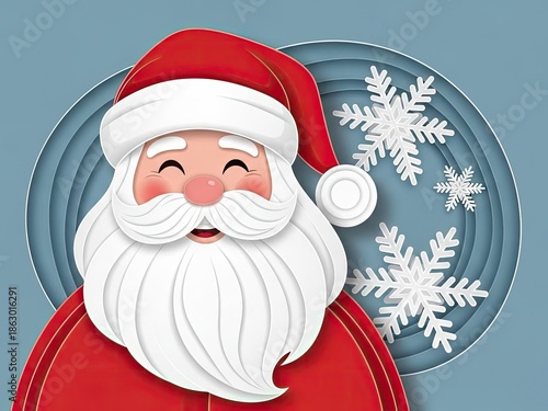 A cheerful cartoon santa claus with a white beard and red hat smiling with snowflakes on a blue background for christmas and winter holiday concepts