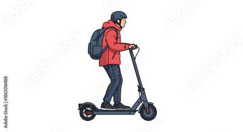 Man riding electric scooter wearing helmet and backpack