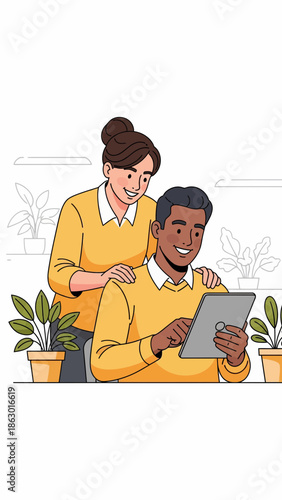 Smiling diverse colleagues collaborating on digital tablet in office