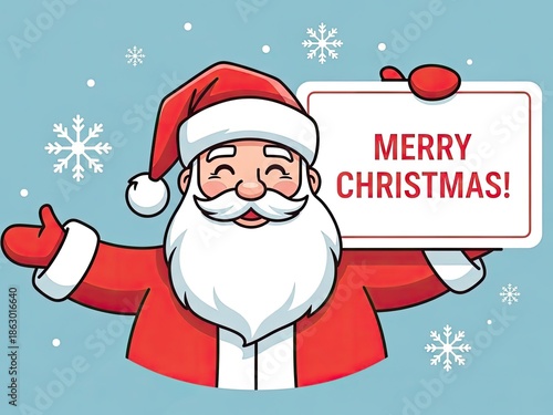 A cheerful cartoon santa claus in red suit and hat holding a merry christmas sign with snowflakes on blue background with Holiday and Festive