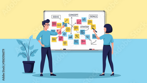 Business team brainstorming and planning strategy on whiteboard