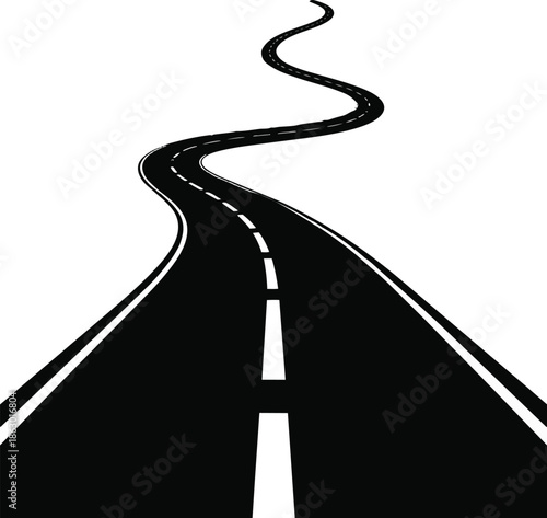 A black and white graphic illustration of a winding road curving into the distance on a white background