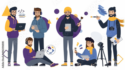 Creative professionals working together in modern workspace with laptops and art supplies