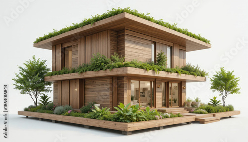 Modern eco friendly house with green roof and wooden exterior, surrounded by lush plants and trees, showcasing sustainable architecture and natural design elements