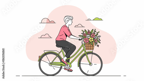 Man riding bicycle with colorful flowers in basket on sunny day