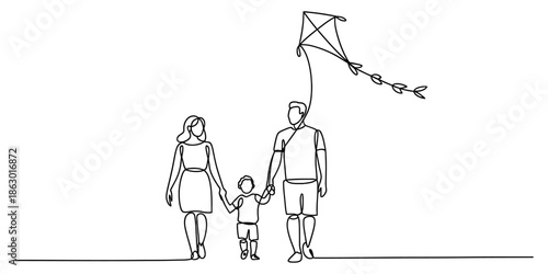 A happy family enjoying a day flying a kite together Vector, illustration