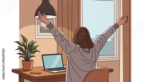 Remote Worker Stretching Arms Taking Break from Laptop in Cozy Home Office