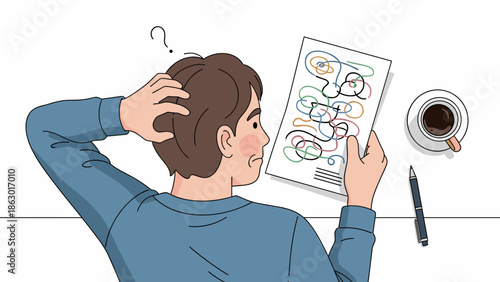 Confused man scratches his head, contemplating a complex, tangled drawing, symbolizing a difficult abstract problem requiring deep thought and problem-solving