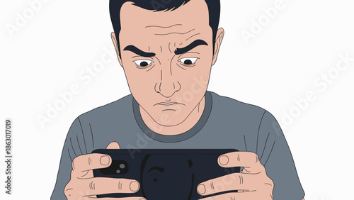 A focused individual intensely engrossed in their smartphone screen, showcasing deep concentration and engagement with mobile digital content or gaming experience