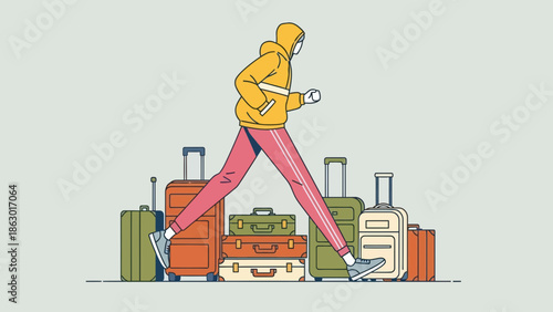 Person hurrying past stacked luggage in airport or travel setting